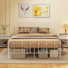 HOMCOM 5ft Metal King Platform Bed Frame w/ Underbed Storage Headboard White