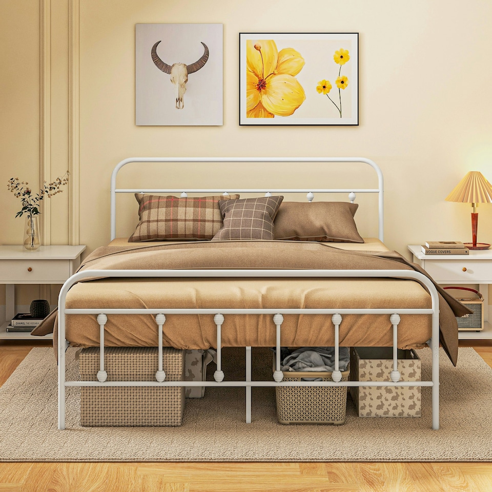 image 1 of HOMCOM 5ft Metal King Platform Bed Frame w/ Underbed Storage Headboard White
