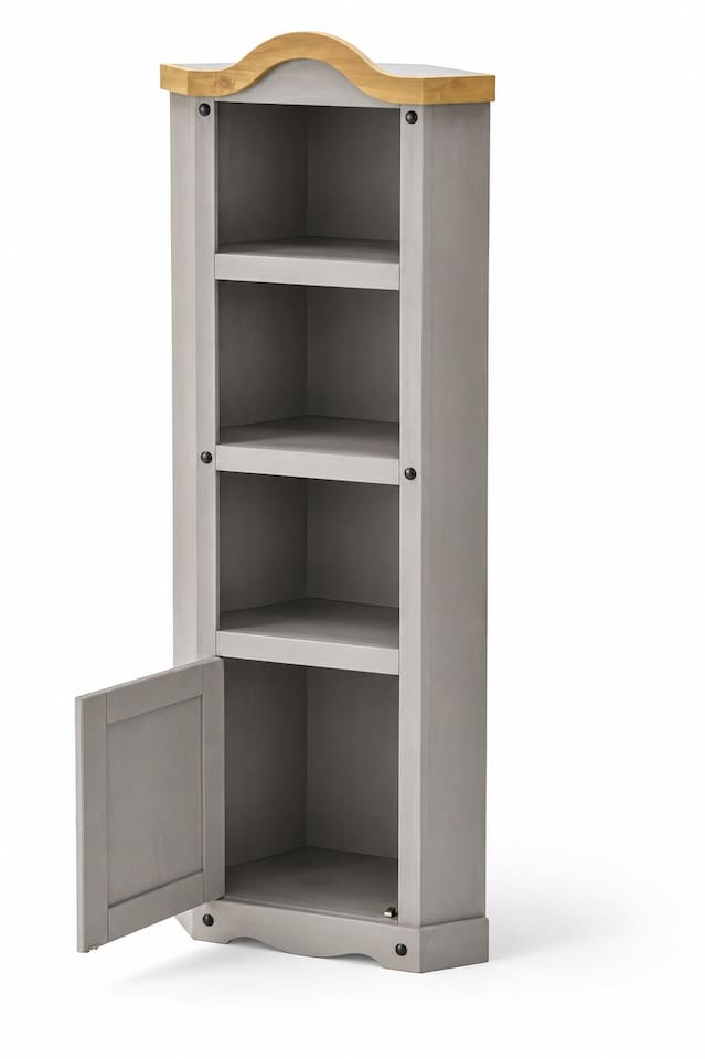image 1 of Corona Corner Display Unit Grey Bookcase Pine Cupboard 3 Book Shelves