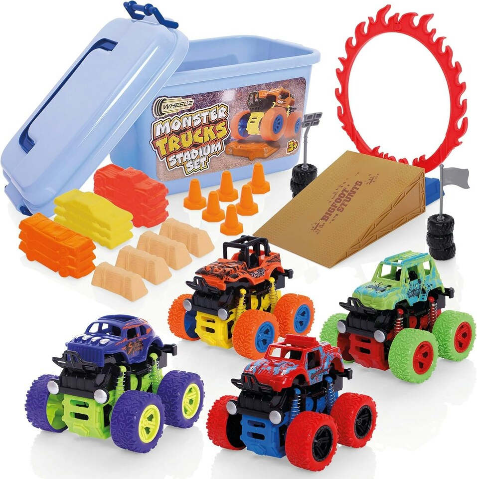 image 1 of Wheelz Monster Truck Stadium Set - 4 Monster Trucks, Storage Tub & Accessories