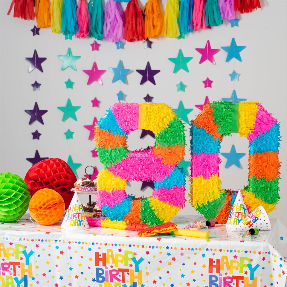 image 1 of Fax Potato Fax Potato Pinata Set with Stick & Blindfold - 80th Birthday / Anniversary - Rainbow