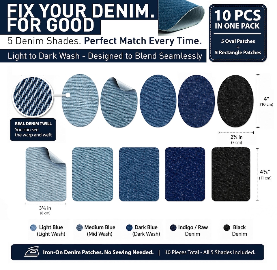 image 1 of Iron-On Denim Repair Patches for Jeans (10 Pack) - 100% Cotton Heavy Duty, Wash-Proof