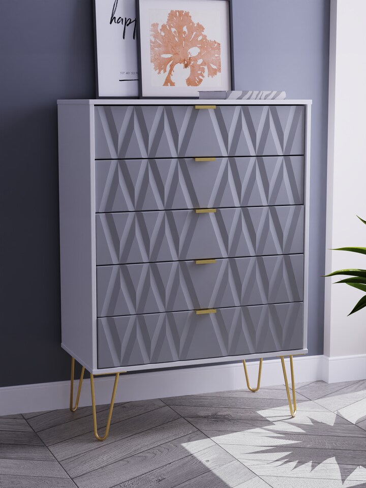 image 1 of Dallas 5 Drawer Chest of Drawers in Shadow Matt & White Matt (Ready Assembled) | Grey | Shadow Matt & White Matt