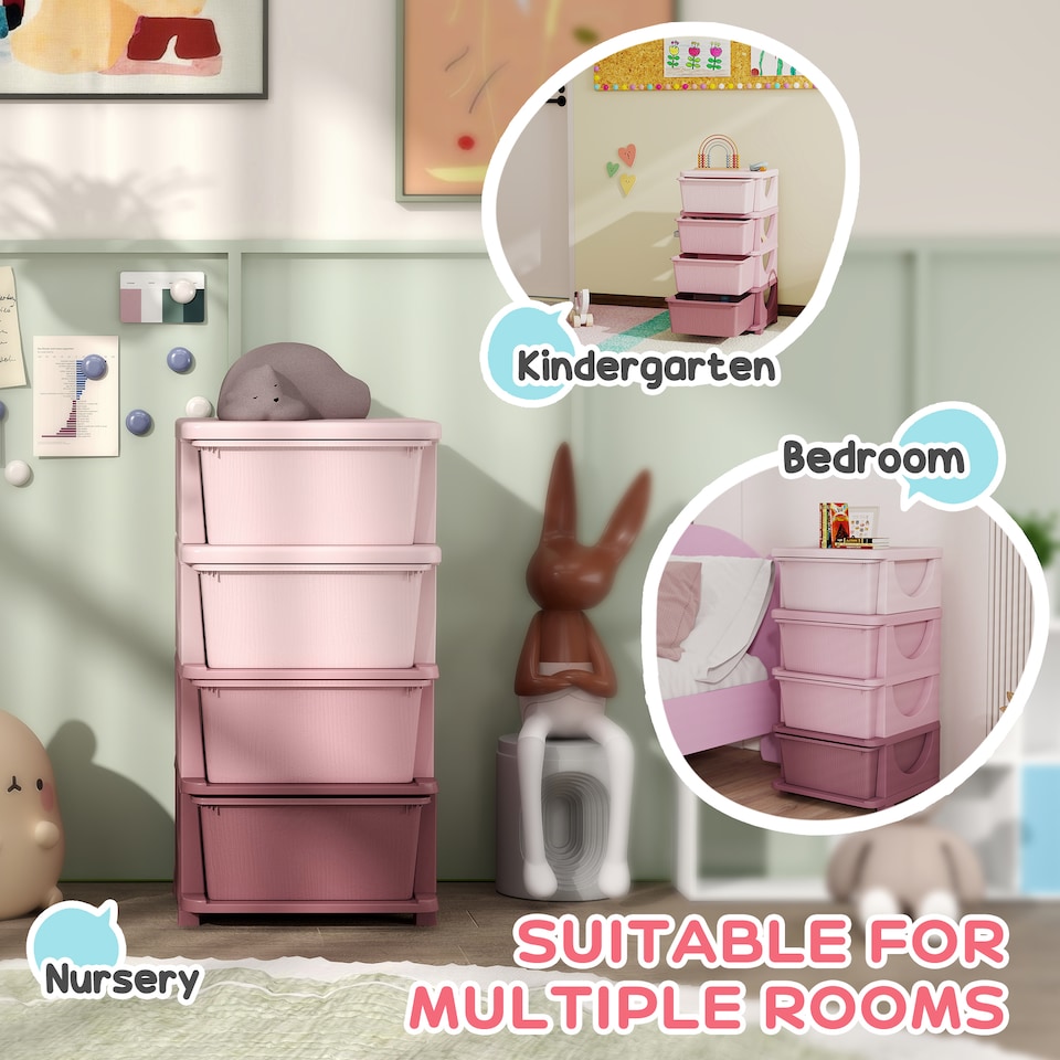 image 1 of HOMCOM 4 Drawers Plastic Storage Units, 4 Tier Kids Storage Units, Children Toy Chest for Nursery, Playroom, Bedroom, Pink | Pink