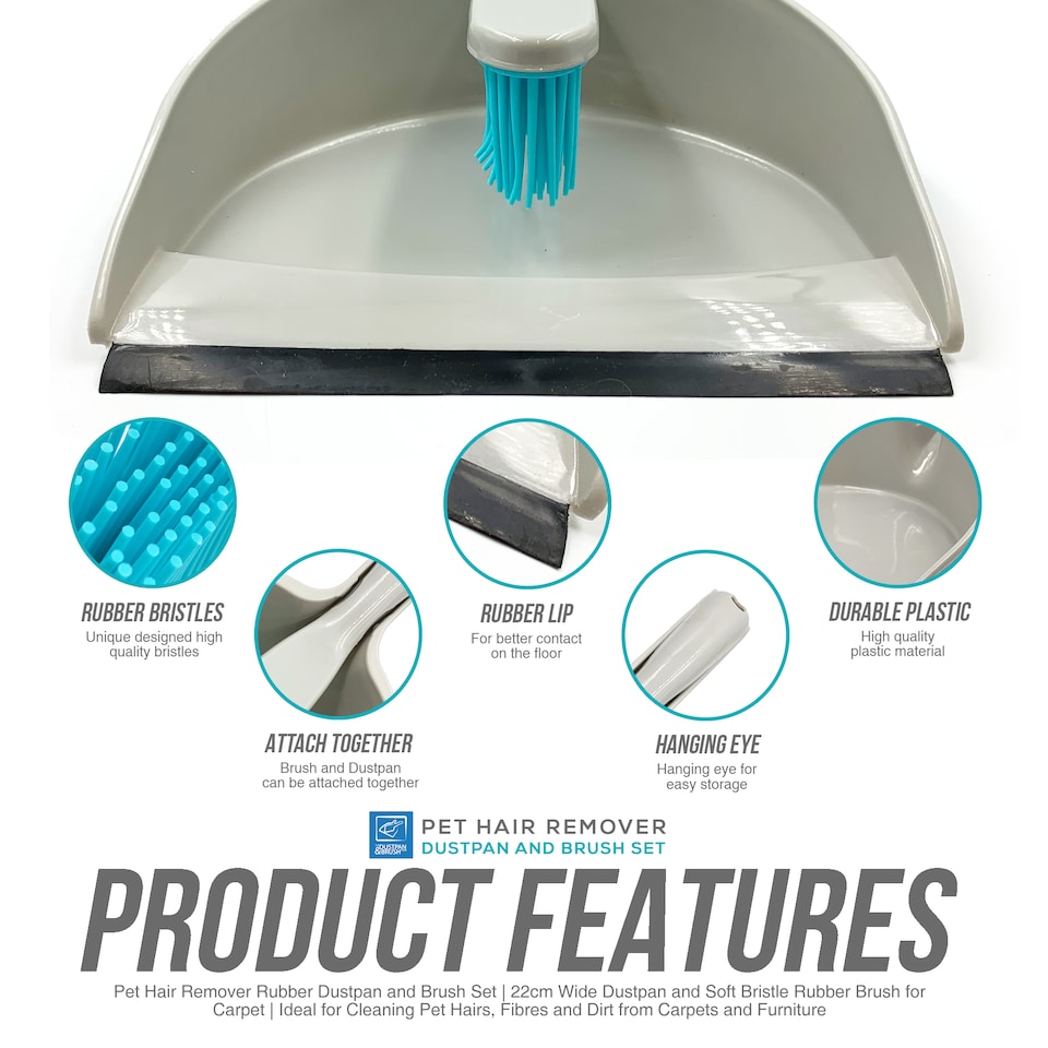 image 1 of Pet Hair Remover Dustpan and Brush Set with Soft Rubber Bristles and Wide Dustpan