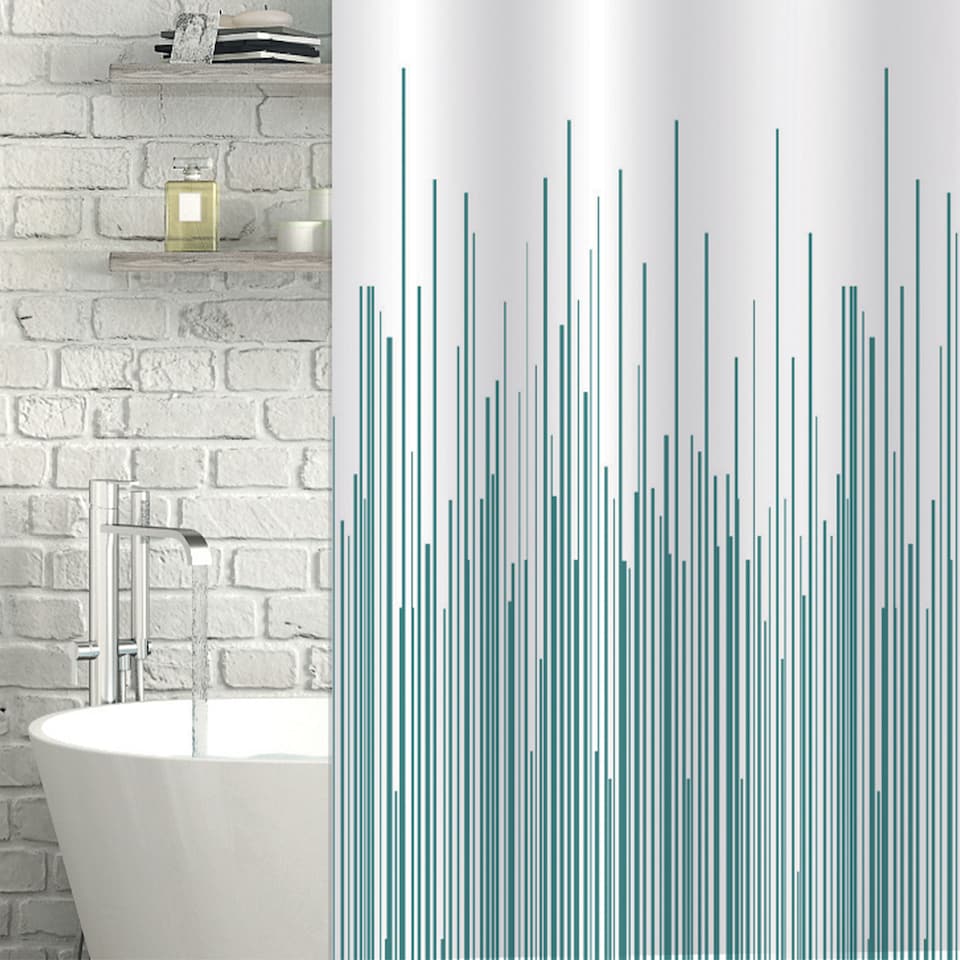 image 1 of Showerdrape City White & Teal Shower Curtain | Blue | Teal | 1