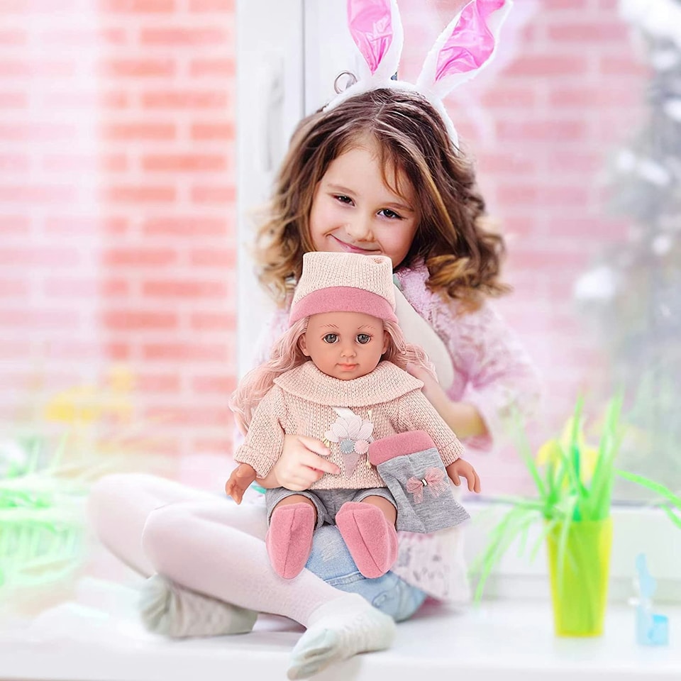 image 1 of Baby Doll Dress-Up Set with Clothes and Hair Accessories – 36cm Soft Body Doll