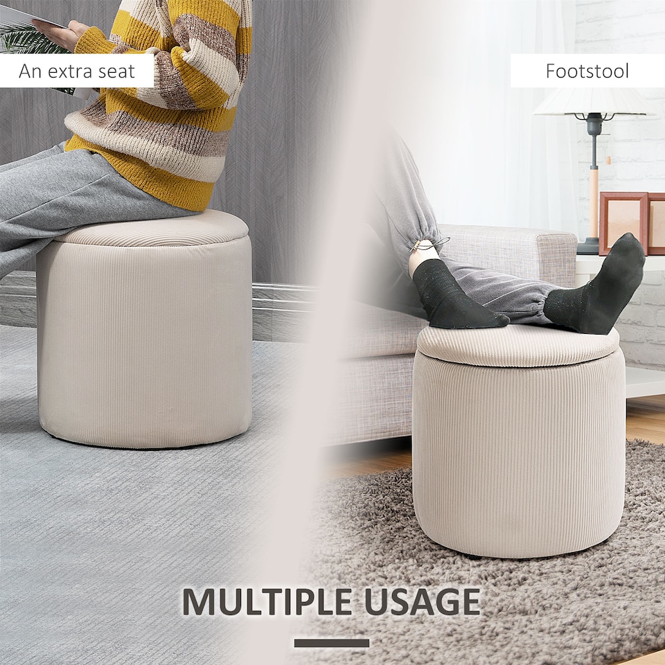 image 1 of HOMCOM Set of 2 Round Ottoman with Storage, Fabric Vanity Stool for Makeup, Footrest Stool with Removable Lid for Living Room & Bedroom, Cream White
