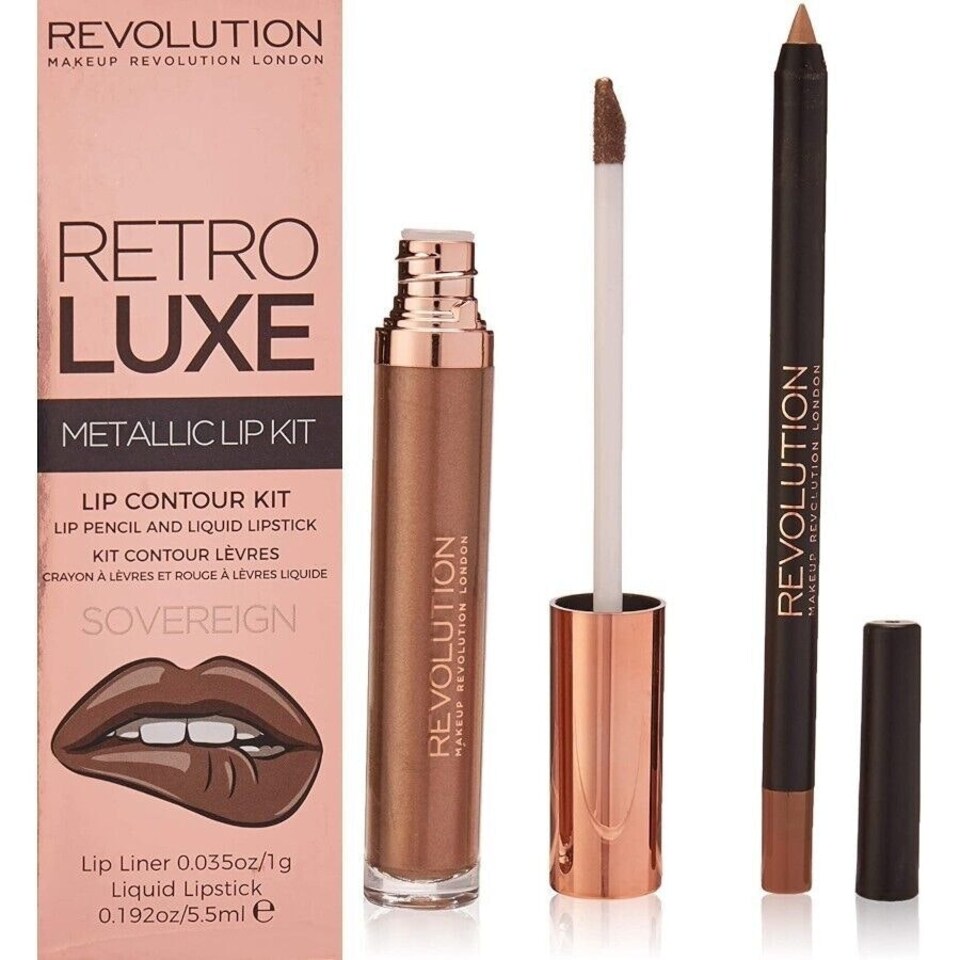 image 1 of Makeup Revolution Retro Luxe Metallic Lip Kit 1g Lip Pencil + 5.5ml Liquid Lipstick - Sovereign N/A