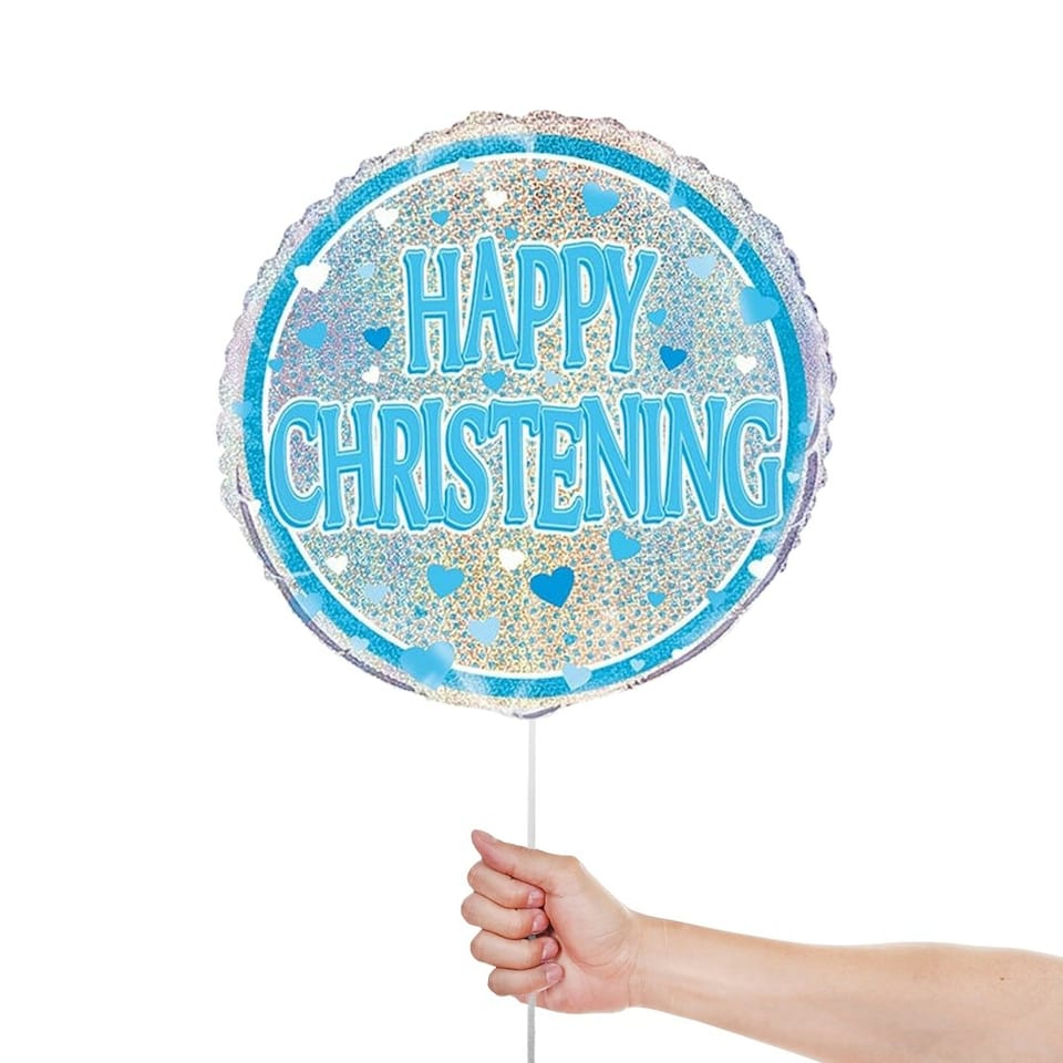 image 1 of Blue Christening Holographic Round Foil Helium Balloon 46cm / 18 in