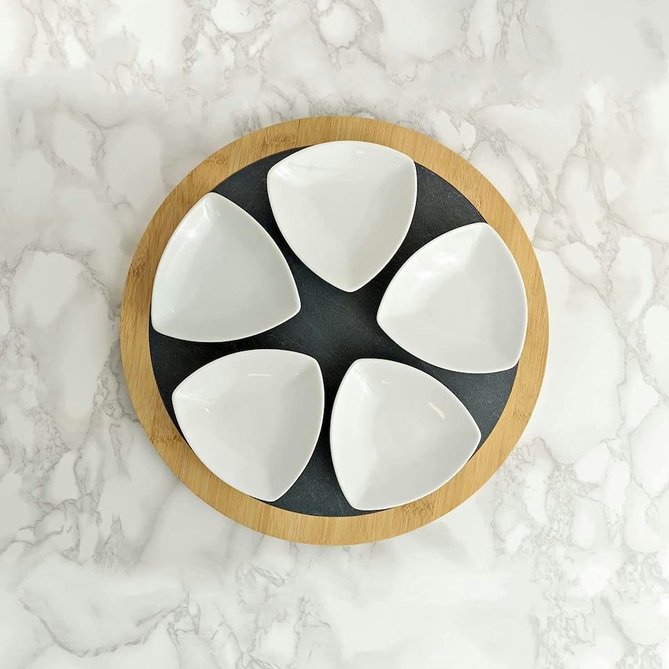 image 1 of Widdop Set of 5 Ceramic Serving Dishes with Round Slate Tray Brown