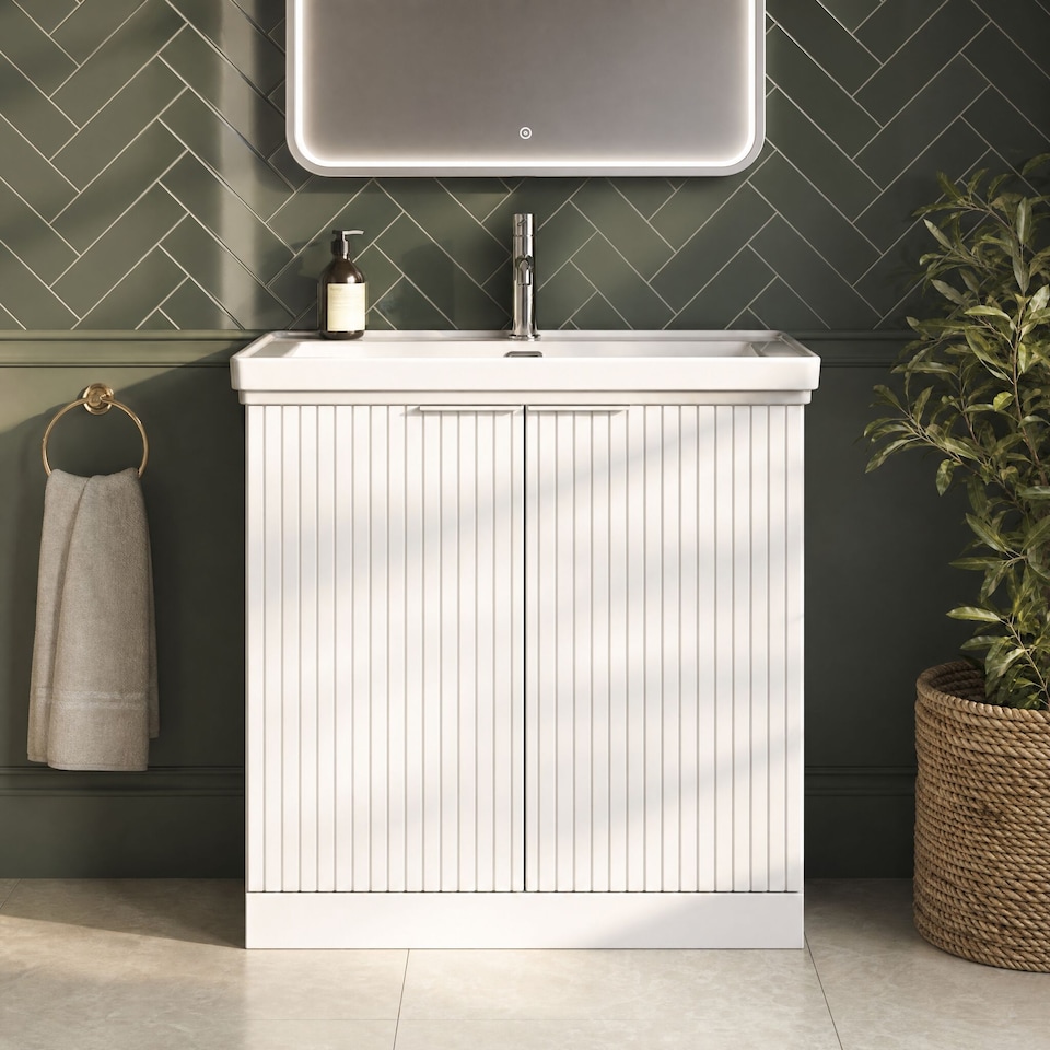 image 1 of Balterley Callingwood Contemporary Floor Standing 2 Door Vanity Unit with Traditional 1 Tap Hole Fireclay Basin , 800mm, Matt White