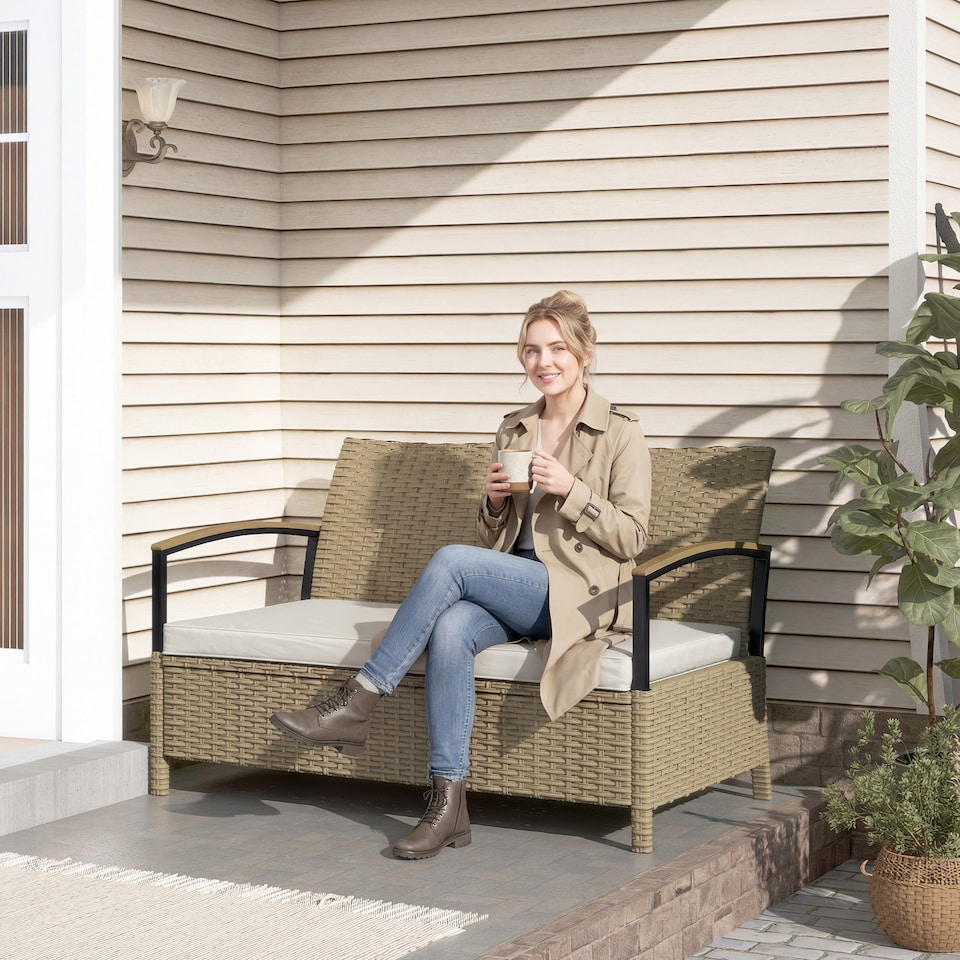 image 1 of Outsunny 125L Garden Storage Bench, 2 Seater PE Rattan Outdoor Bench | Brown | Khaki | Not provided