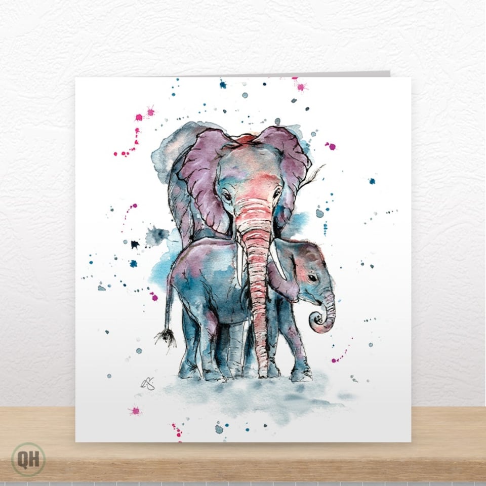 image 1 of Elephant & Baby - Watercolour Art Card By Lizzie Grant
