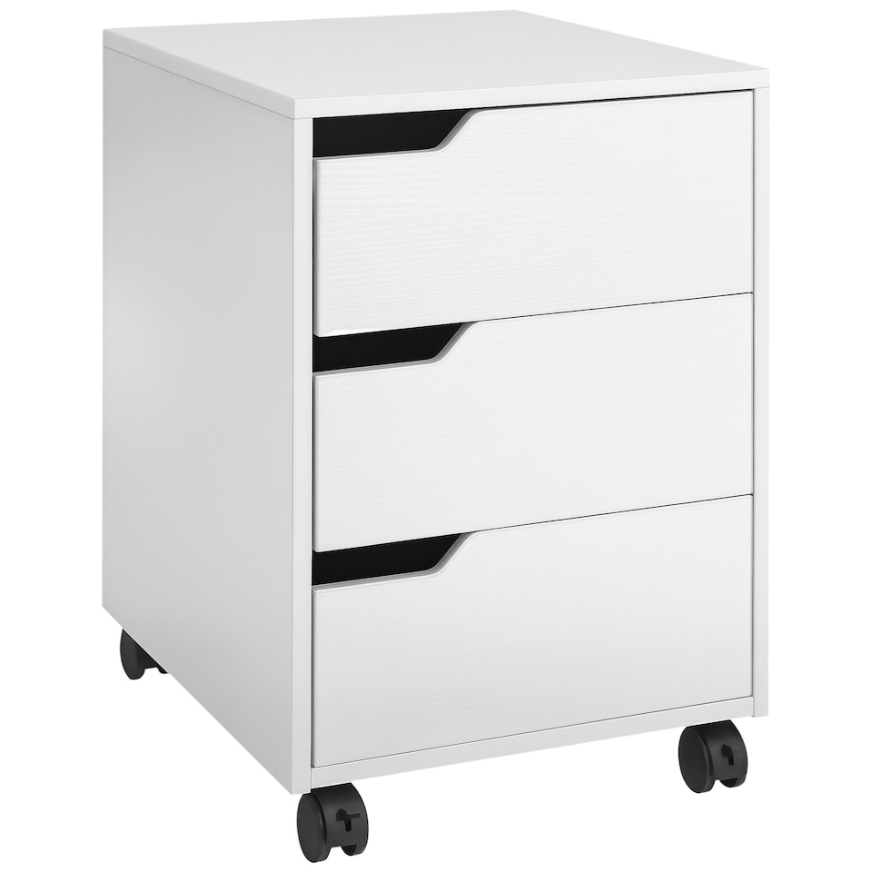 image 1 of MDF Mobile File Cabinet w/ 3 Drawers Locking Wheels Metal Rails Oak Tone White
