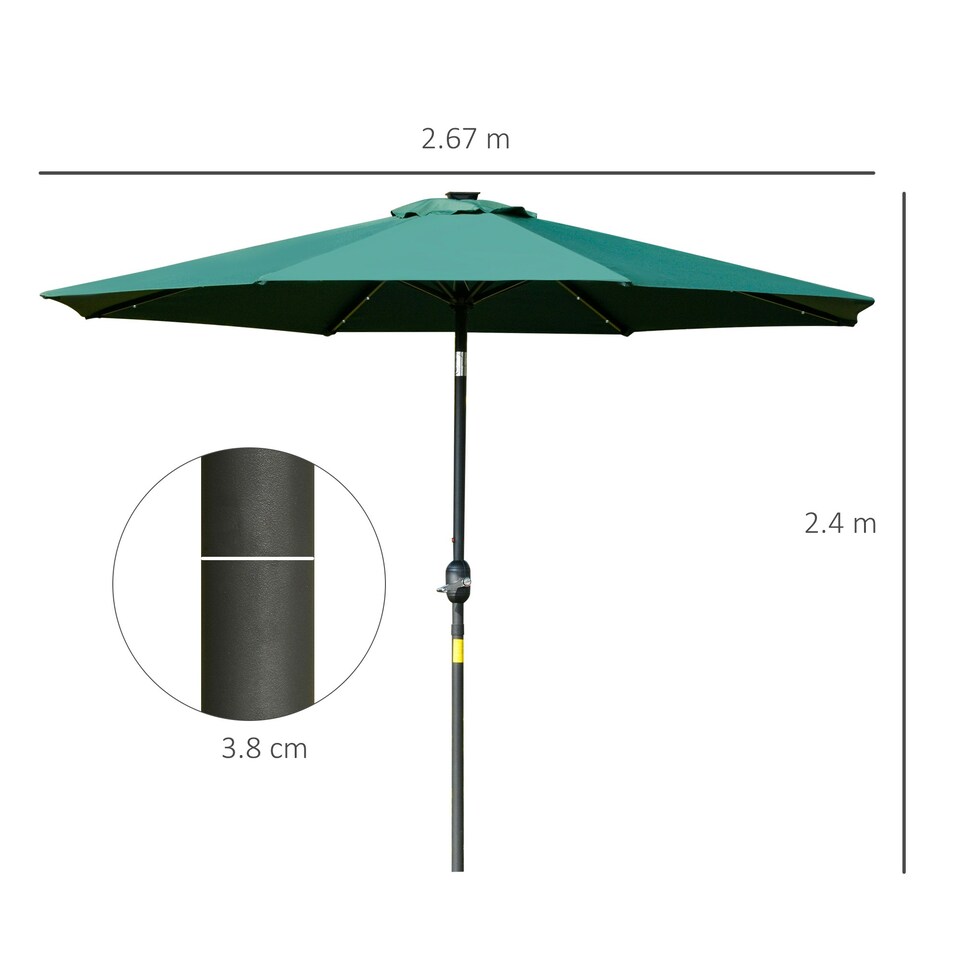 image 1 of Outsunny 2.67m Patio LED Umbrella with Tilt/Crank 8 Ribs Green