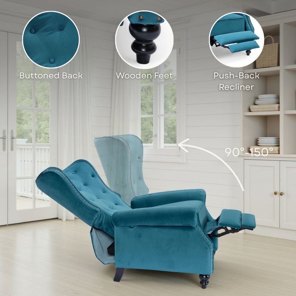 image 1 of Velvet Bottle Green Buttoned Carmona Wingback Recliner Chair