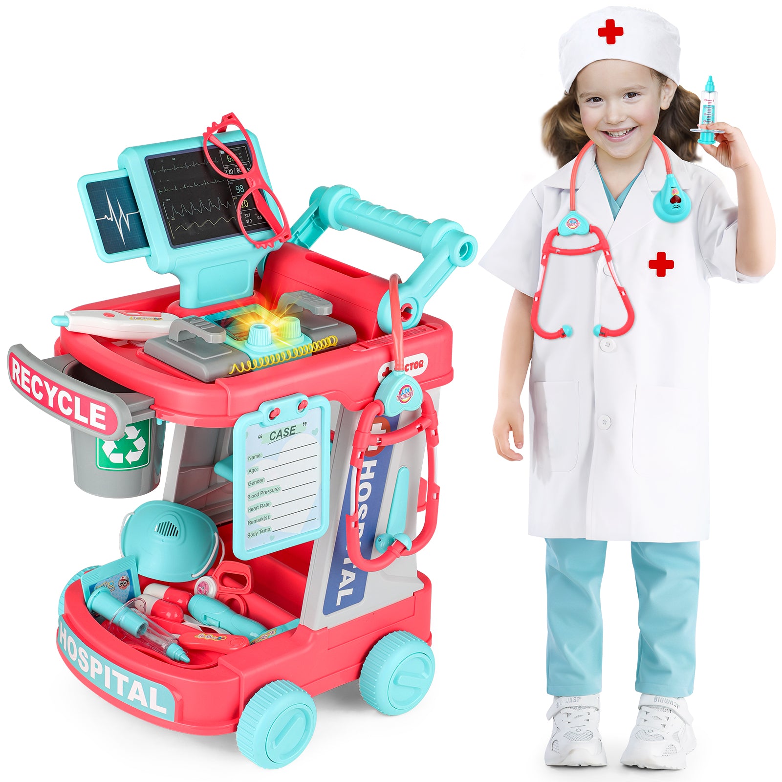 22PCS Educational Pretend Medical Station Doctor Trolley Role Play Set for Kids Age 3 plus
