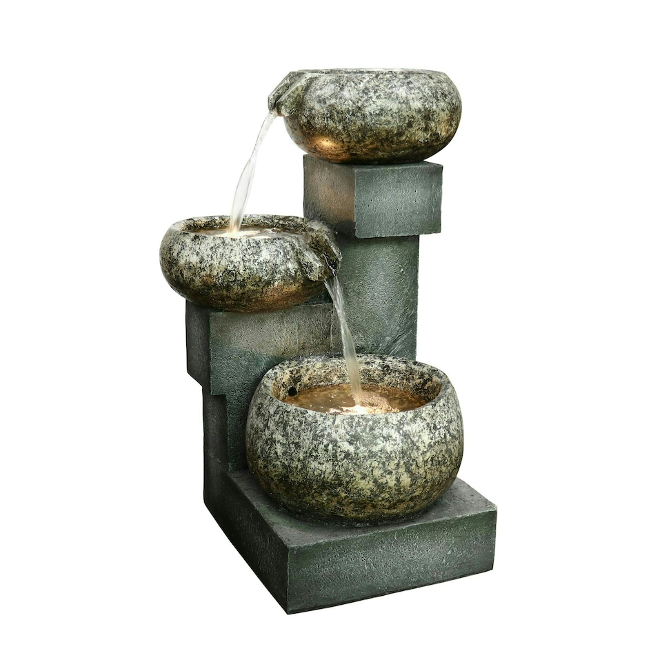 image 1 of Primrose Tavira Tiered Bowls Stone Effect Water Feature With LEDs Grey 66cm