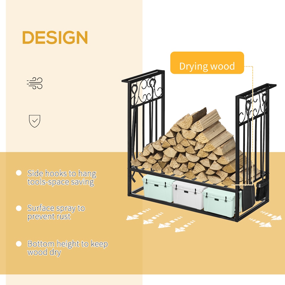 image 1 of HOMCOM Steel Firewood Log Holder Indoor Outdoor Firewood Rack Fireplace Wood Storage Shelf with 4 Tools, Hooks, Scrolls, RustResistant, Black, 75L x 30W x 60H cm