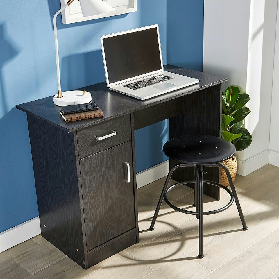 image 1 of Computer Desk 1 Drawer 1 Door Compact Workstation Home Office Table Black