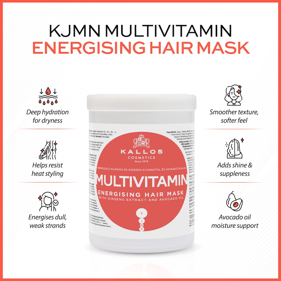 image 1 of Kallos KJMN Multivitamin Hair Mask 1LNourishing care for fragile dull hair Enriched with ginseng and avocado oil to hydrate and protect from heat damage