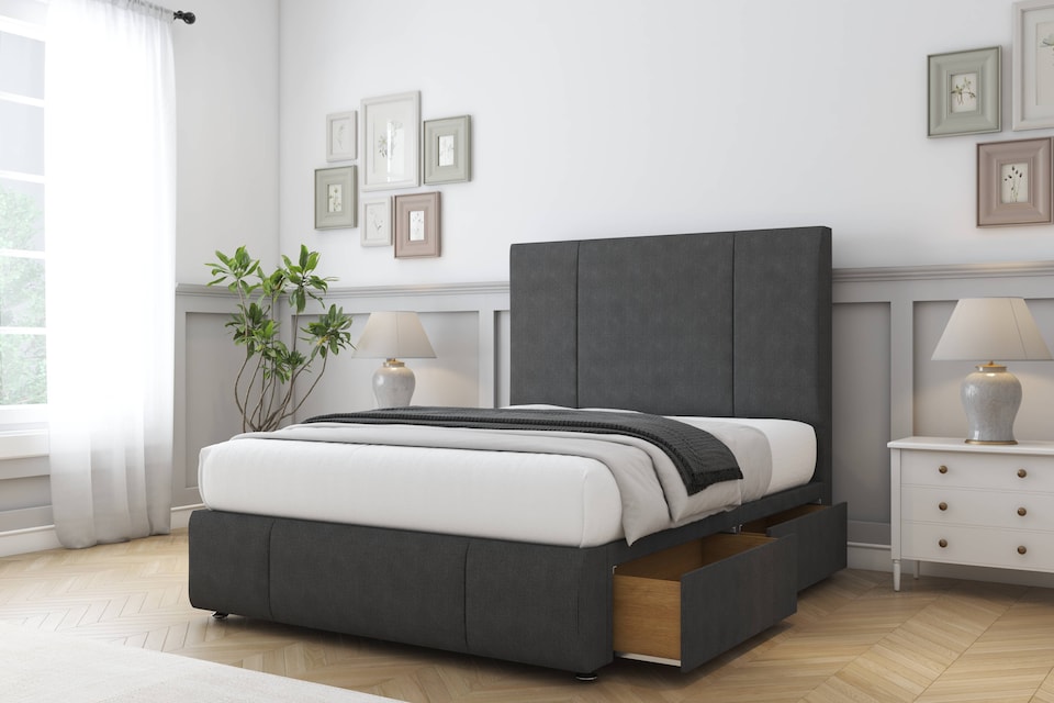 image 1 of Sloomy Lisbon Graphite Dumfries Divan Bed Base 2 Drawers Left Side With 26 Inch Strutted Headboard & 12 Inch Matching Footboard | Grey | Graphite | Single | 1