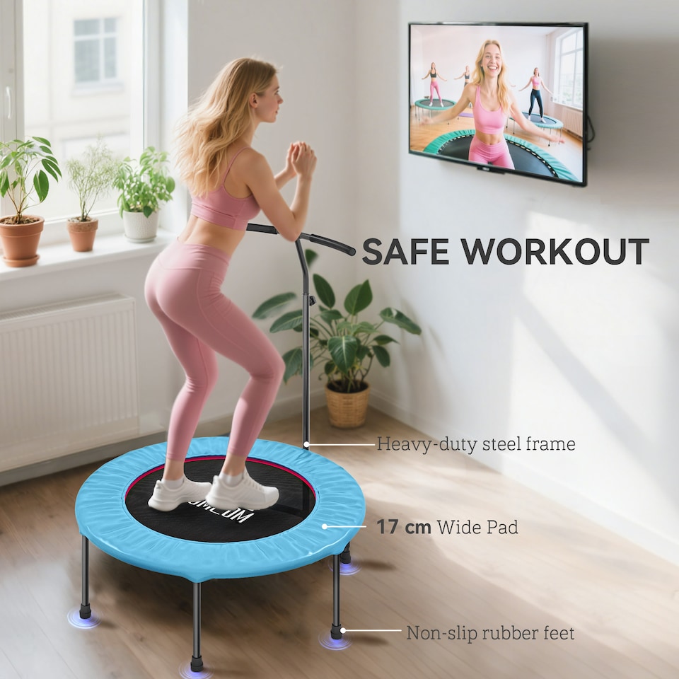 image 1 of HOMCOM Mini Trampoline, Rebounder Jumper with Adjustable Handle, Blue