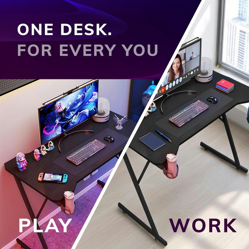 image 1 of House of Home Gaming Desk Carbon Fibre Top Black 80cm Black