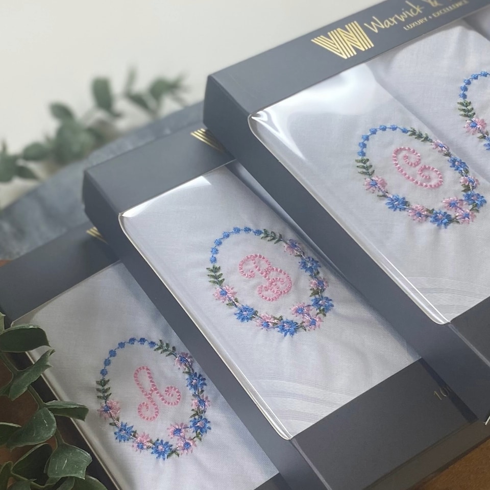 image 1 of Warwick & Vance 3 Pack White Handkerchiefs with Embroidered Framed Initials, Letter G