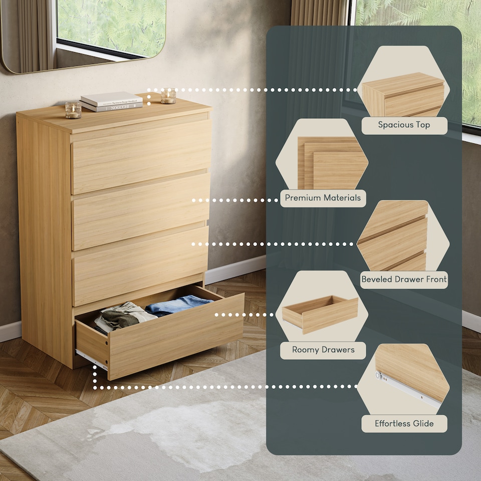 image 1 of Vida Designs Denver 4 Drawer Chest of Drawers Bedroom Storage, Pine