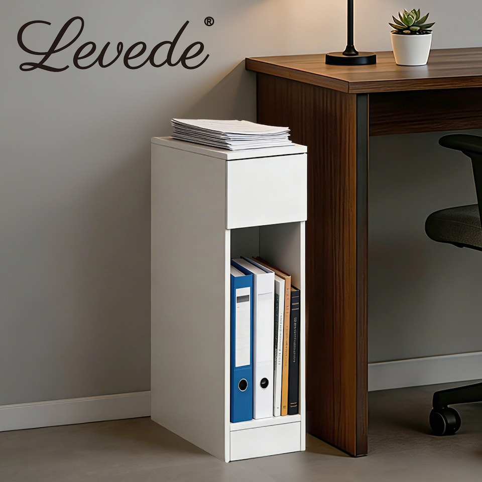 image 1 of Levede Bedside Table Cabinet  Narrow Slim Side Cabinet White Drawer Open Shelf