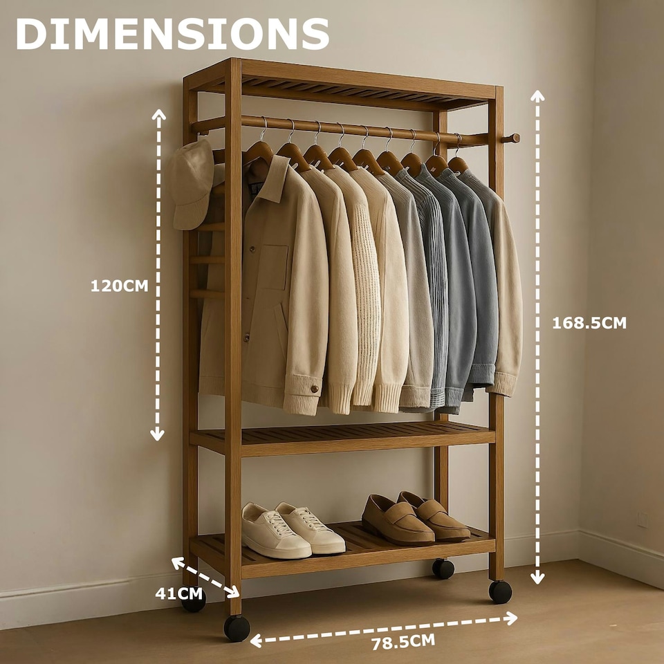 image 1 of Bamboo Clothes Rack | Portable Open Wardrobe with Shoe Storage Brown | One Size