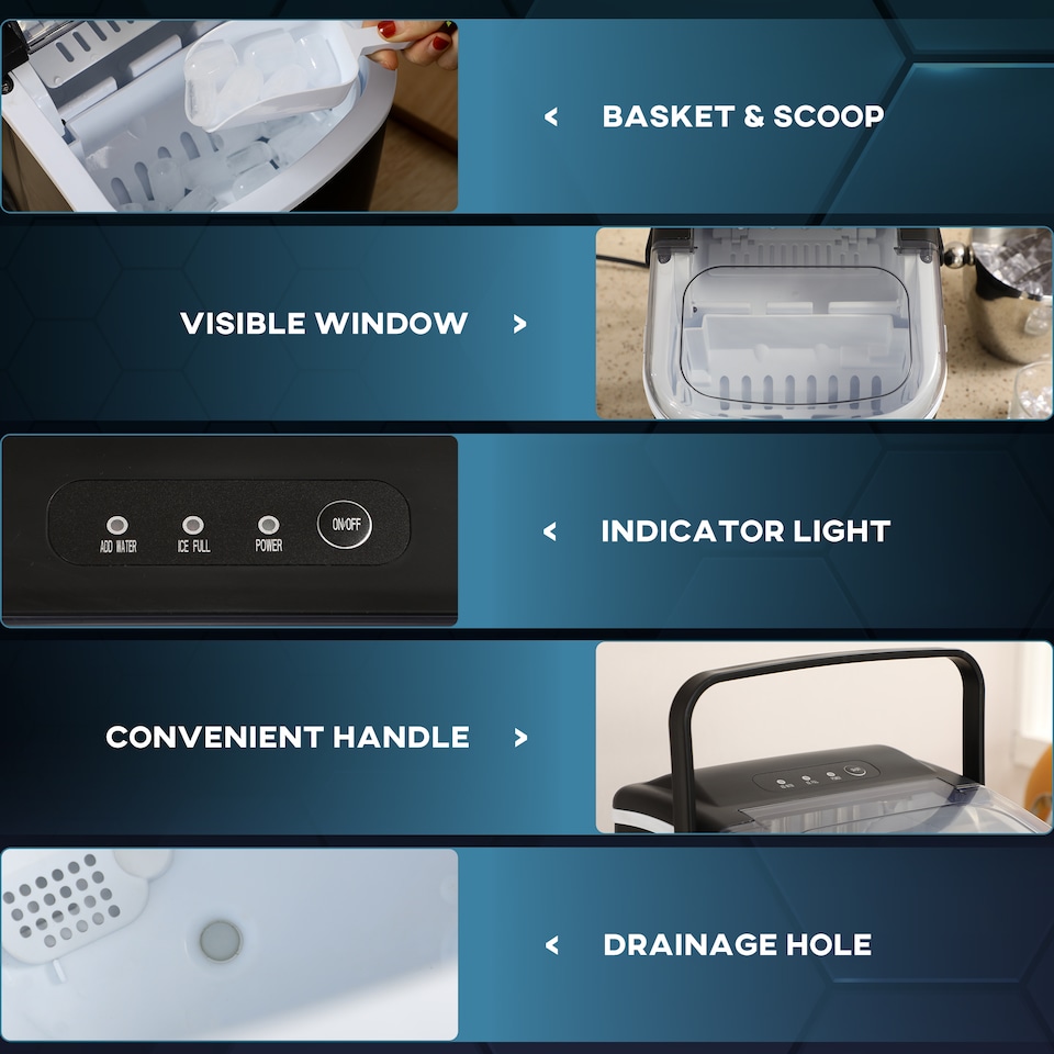 image 1 of HOMCOM Ice Maker Machine Counter Top, 12Kg in 24 Hrs, 9 Cubes Ready in 6-12Mins, Portable Ice Cube Maker with Ice Scoop and Basket, Black