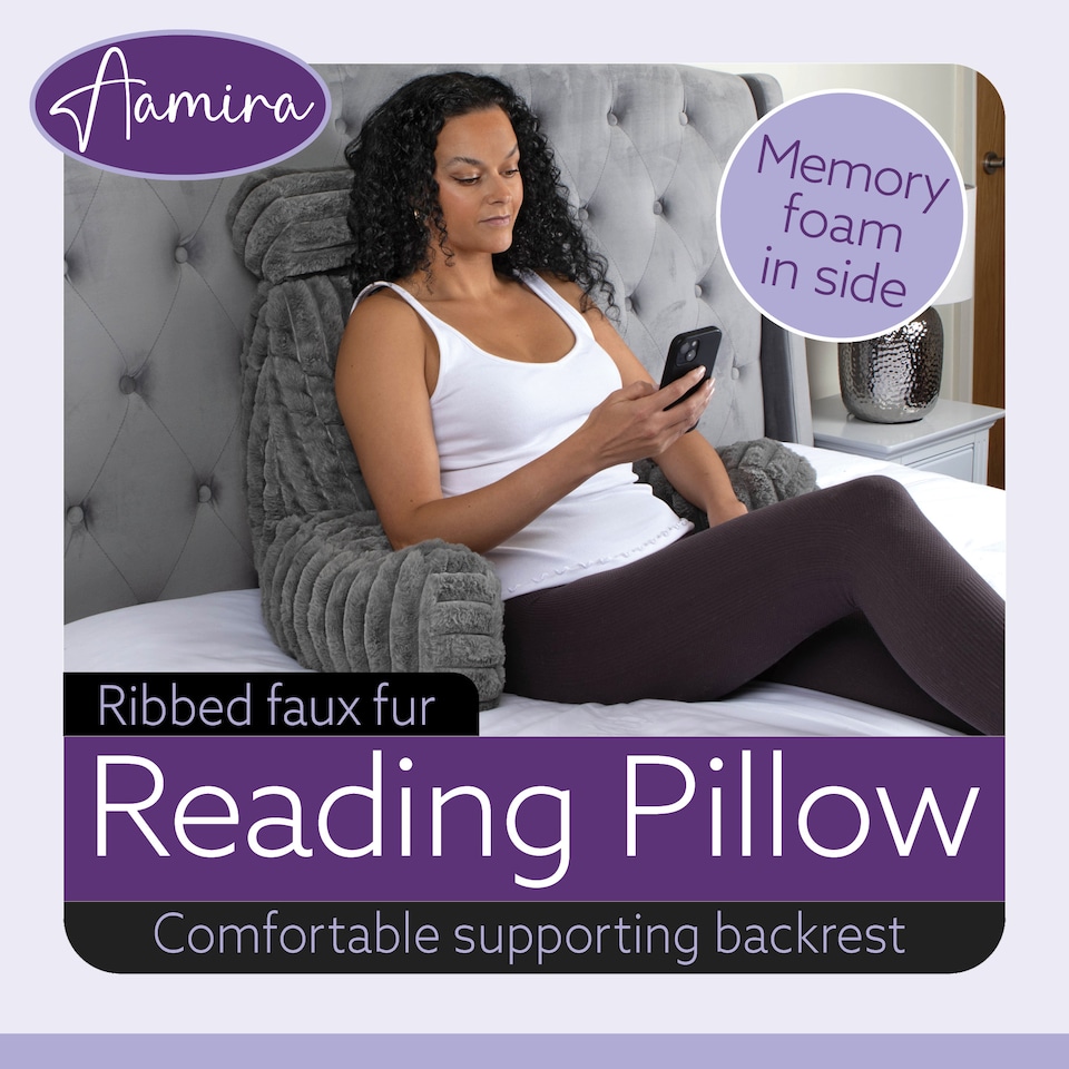 image 1 of Aamira Reading Pillow Grey Faux Fur Ribbed Memory Foam Support Cushion | Grey | Grey | Standard | 1