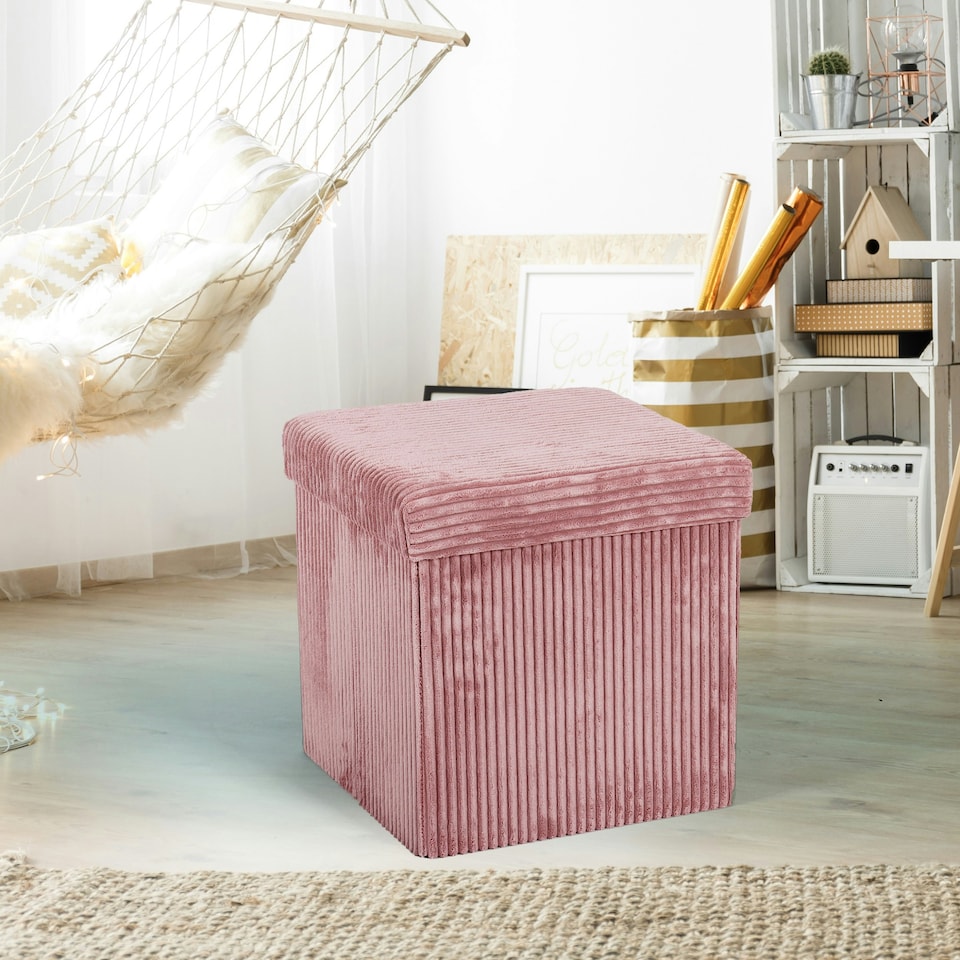 image 1 of Corduroy Foldaway Storage Ottoman Pink