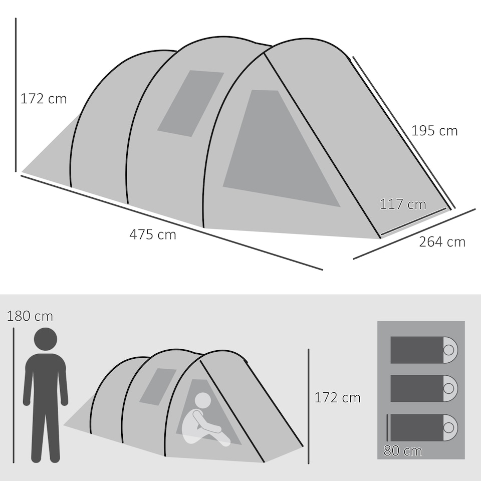 image 1 of Outsunny 3-4 Persons Tunnel Tent, Two Room Camping Tent with Windows, Black