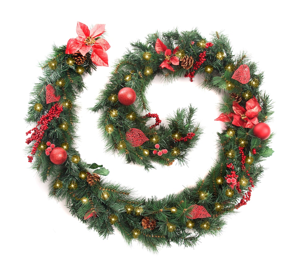 image 1 of Best Artificial Christmas 9ft Red Decorated Garland with 80 Warm White Battery Lights