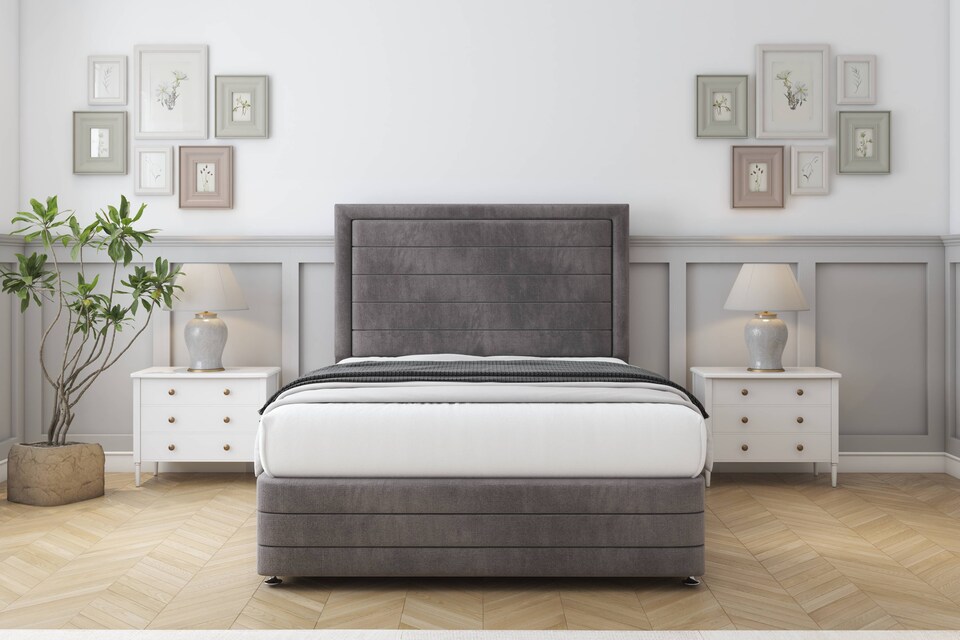 image 1 of Sloomy Ashford Slate Naples Divan Bed Base 4 Drawers With 26 Inch Strutted Headboard & 12 Inch Matching Footboard | Grey | Slate | Small Double | 1