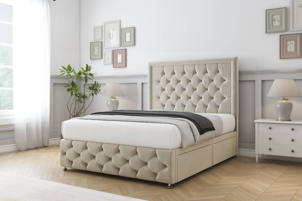 image 1 of Sloomy Vienna Cream Plush Divan Bed With Mattress 2 Drawers Left Side With 54" Floor Standing Headboard & 12" Matching Footboard 6' Super King | Cream | Cream | Super King | 1