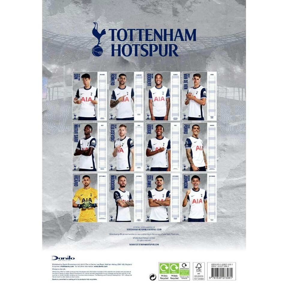 image 1 of Tottenham Hotspur FC 2025 A3 Wall Calendar - Multicoloured - One Size