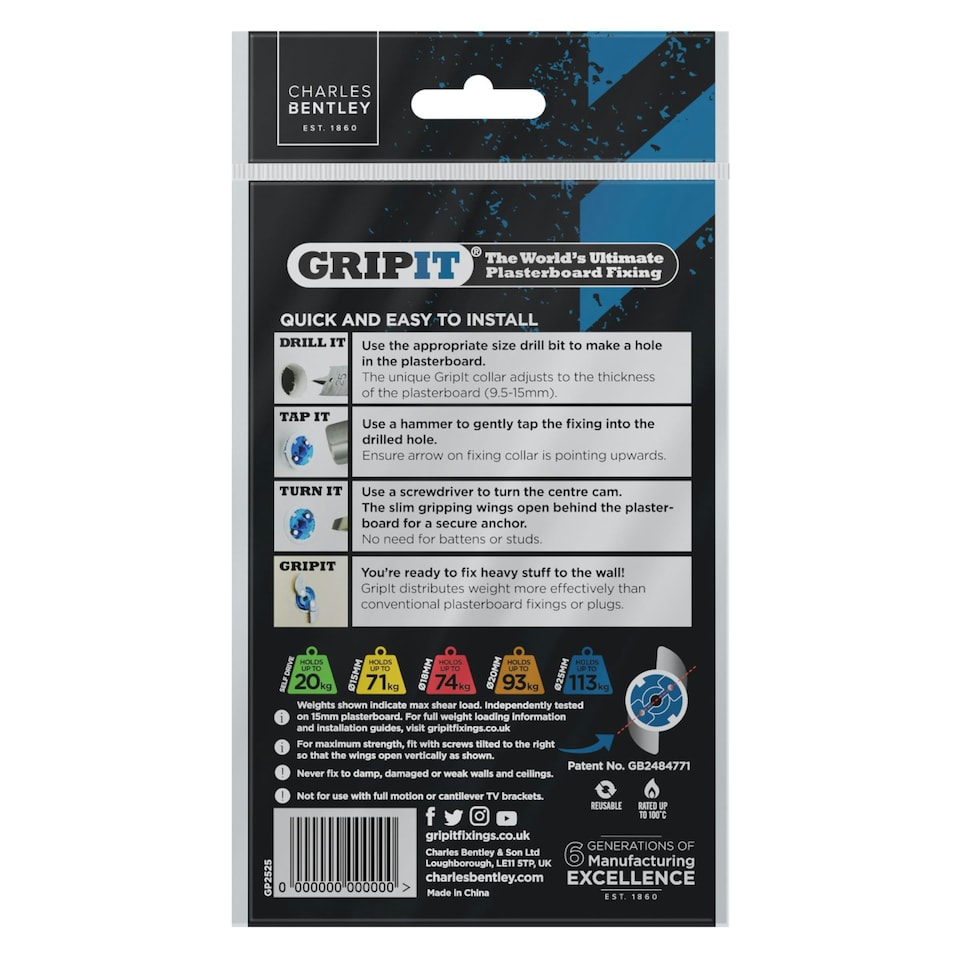 image 1 of Gripit 25mm Plasterboard Fixing Stud Wall Anchor Max Load 113kg - Blue - 25 Pack