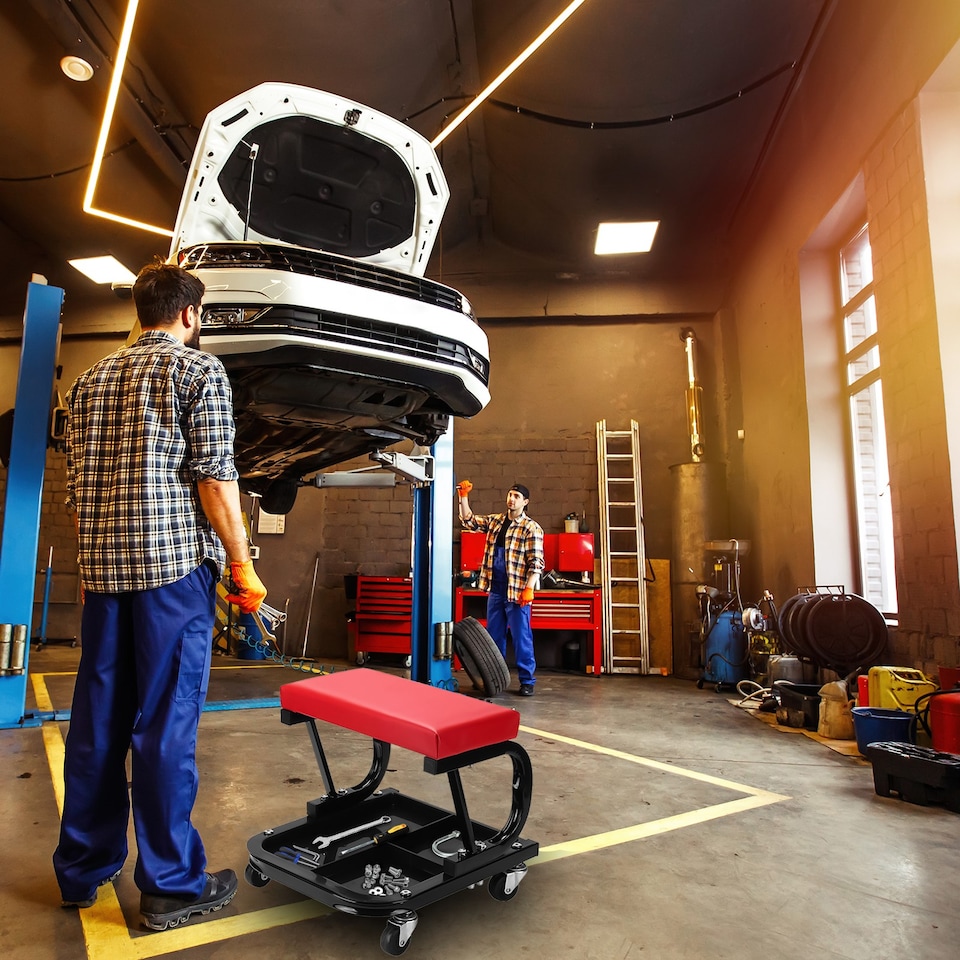 image 1 of Mechanics Padded Creeper Seat Garage Work Stool with Swivel Wheels & Tool Trolley