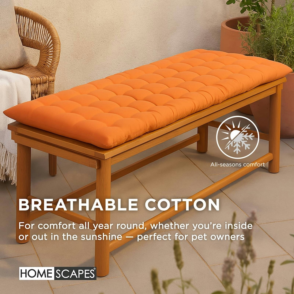 image 1 of Homescapes Garden Bench Cushion Luxury 2 Seater 100% Cotton Indoor Outdoor Seat Pad Orange | 108 x 42 cm