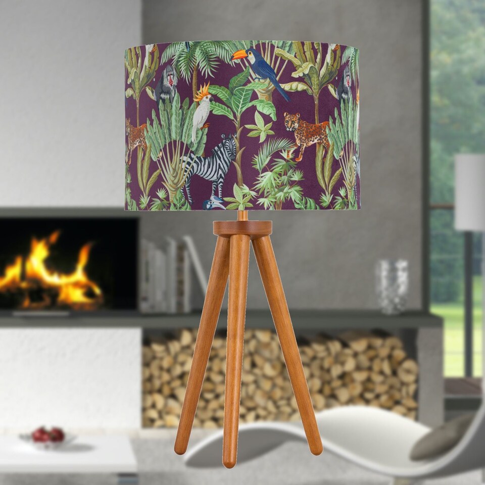 image 1 of Set of 2 Dark Oak Table Lamp or Bedside Lights with Safari Shades | Brown | Multi | Large | 2