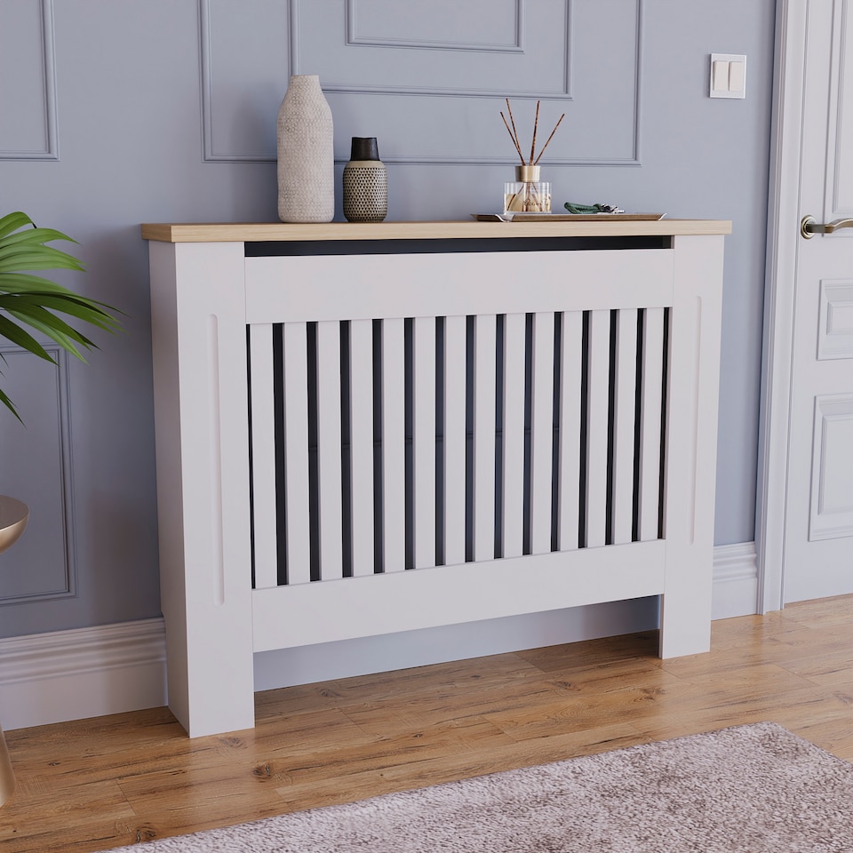 image 1 of Vida Designs Arlington Radiator Cover Painted MDF Slatted Cabinet, White, 111cm