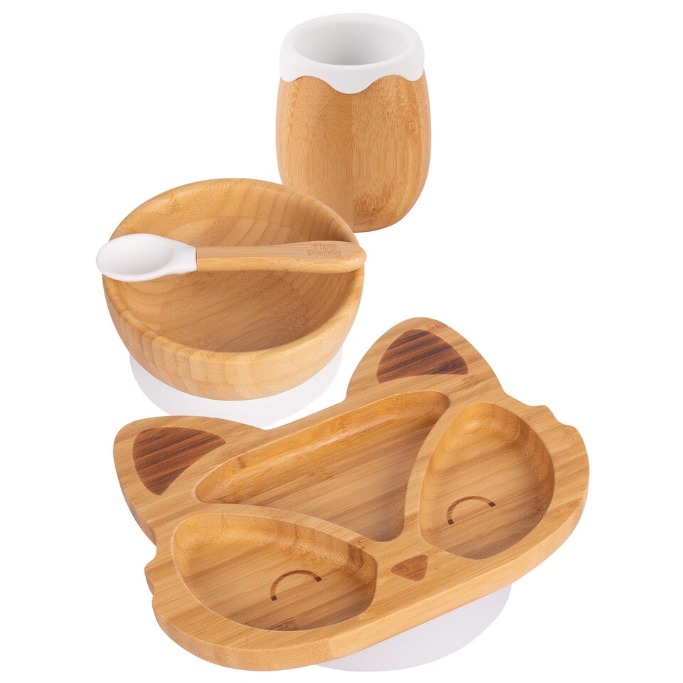 image 1 of Tiny Dining 4pc Fox Bamboo Suction Baby Feeding Set - White