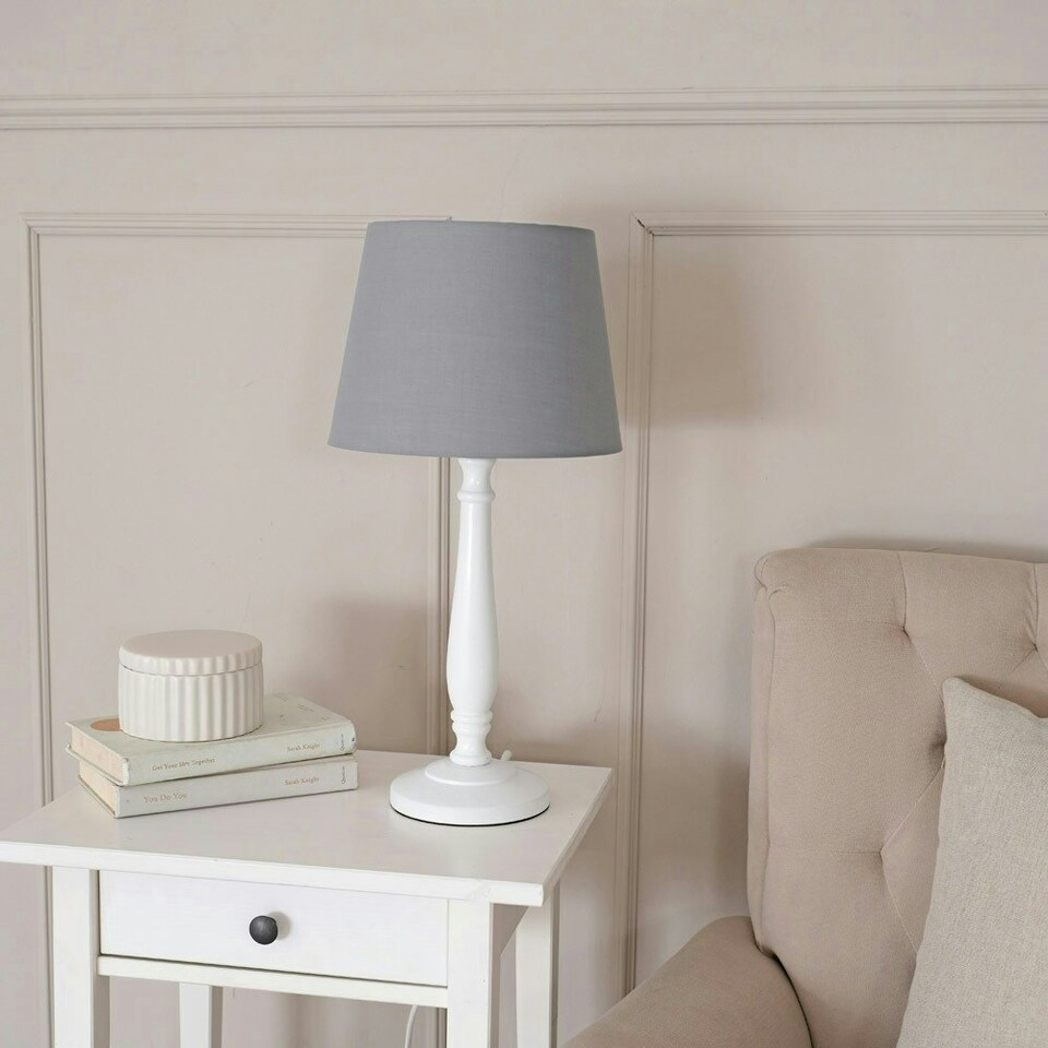 image 1 of ValueLights Victoria White Wood Traditional Stem Table Lamp with Grey Fabric Tapered Shade