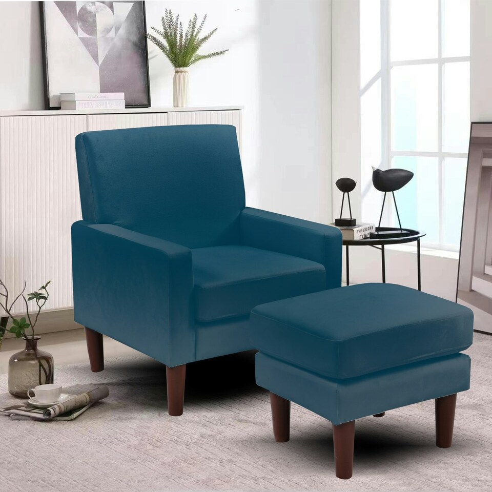 image 1 of Plush Velvet Chair With Footstool In Dark Blue
