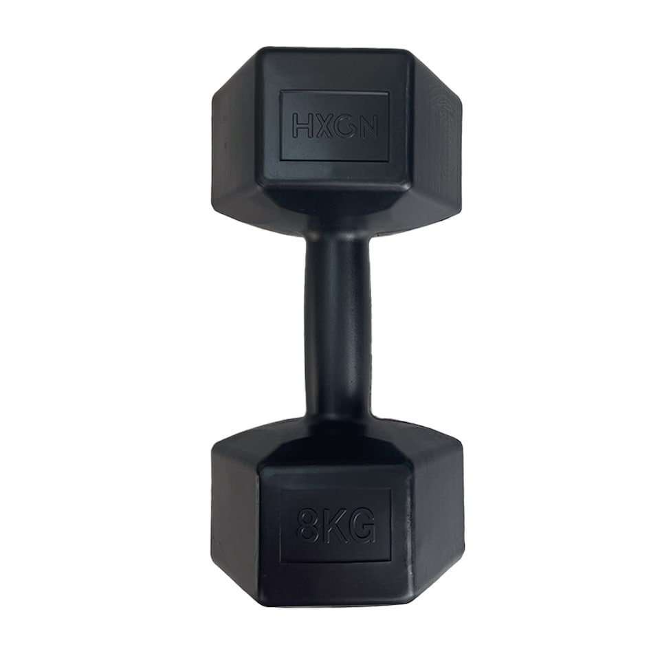 image 1 of HXGN 2 x 8kg Vinyl-Coated Hex Dumbbell Pair — Black, Non-Roll | Black | BLACK | 8kg | 2